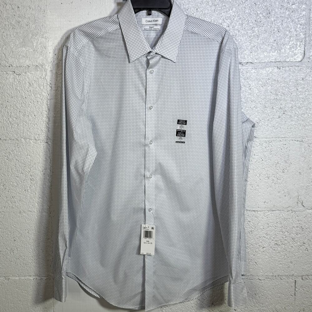 Calvin Klein Steel Men's Stretch Slim Fit Geo Dress Shirt blue 16.5 34-35 $85